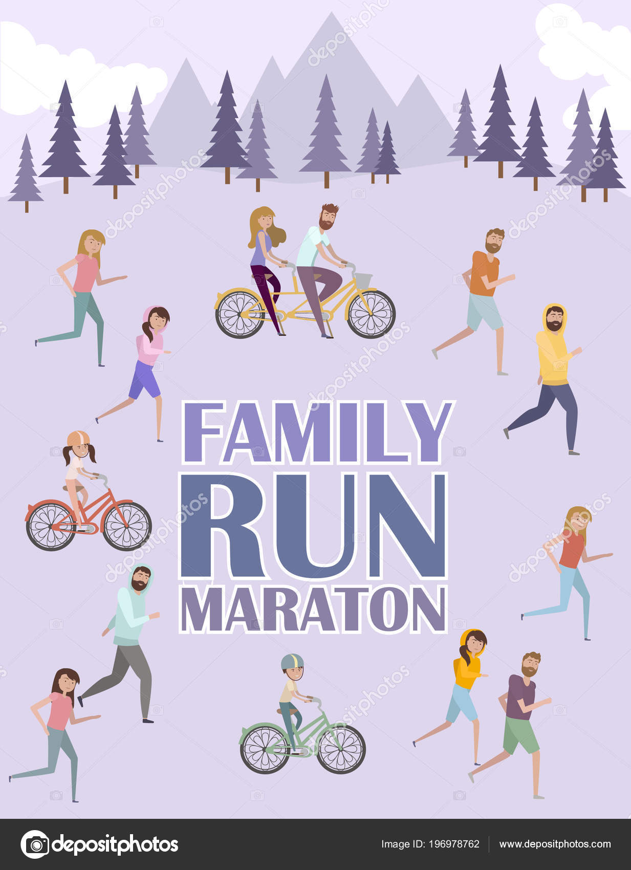 Family Run Marathon Poster Group Active People Running Ride Bicycle Stock Vector Image By C Miobuono12 196978762