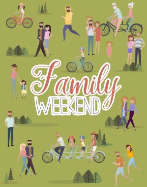 Mutlu aile hafta sonu poster. Grup için etkin olan kişileri açık parkta hafta sonu. Düzenlenebilir vektör çizim düz tasarım