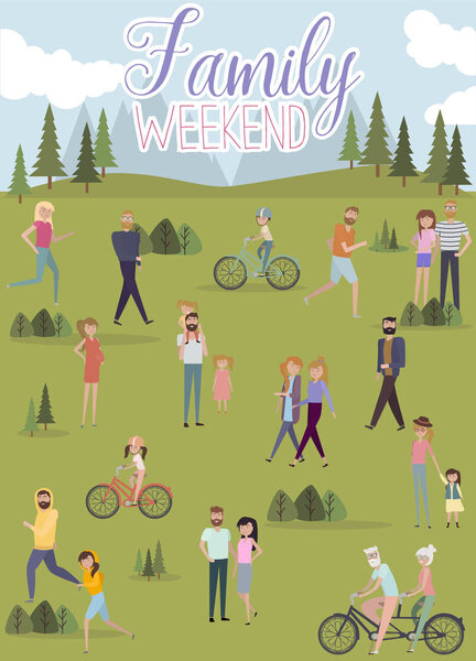 Happy Family weekend poster. Group active people outdoor in the park on weekend. Editable Vector illustration in flat design