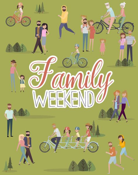 Happy Family weekend poster. Group active people outdoor in the park on weekend. Editable Vector illustration in flat design