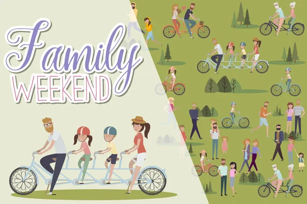 Joyeux Week End Familial Affiche Groupe Personnes Actives Plein Air — Image vectorielle
