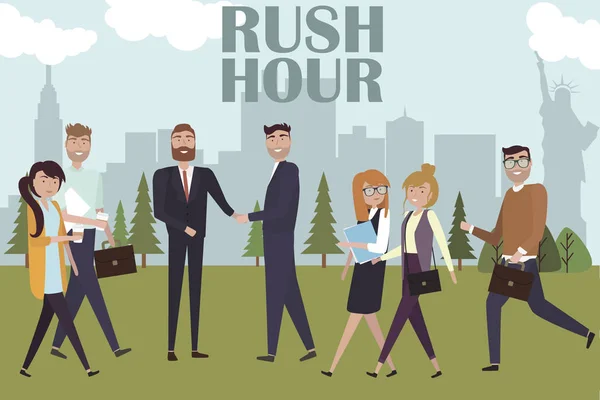 Rush Hour Városliget Kreatív Emberek Megy Dolgozni Egymásra Hat Val — Stock Vector