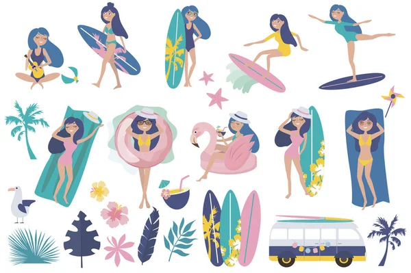 Hola Ilustración Verano Conjunto Elementos Verano Con Chica Relajante Playa — Vector de stock