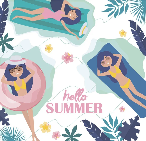 Hallo Sommer Illustration Sommerposter Mit Entspanntem Mädchen Strand Editierbare Vektorabbildung — Stockvektor