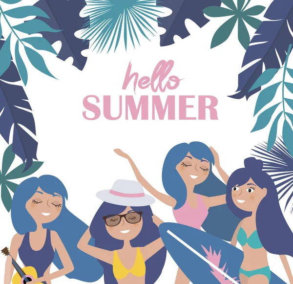 Hello Summer Illustration Summer Poster Relaxing Girl Beach Editable Vector — Stock Vector