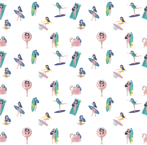 サーフィンと女の子とのシームレスなパターン 夏のテクスチャです 編集可能なベクトル図 — ストックベクタ