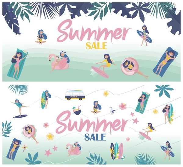 Καλοκαιρινή Πώληση Προώθησης Αφίσα Εικονογράφηση Αφίσα Καλοκαίρι Χαλαρωτική Κορίτσι Στην — Διανυσματικό Αρχείο