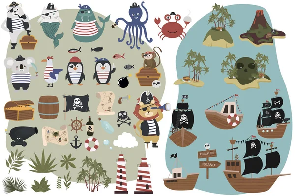 Conjunto Objetos Piratas Estilo Cartoon Personagens Animais Divertidos Ilha Tesouro — Vetor de Stock