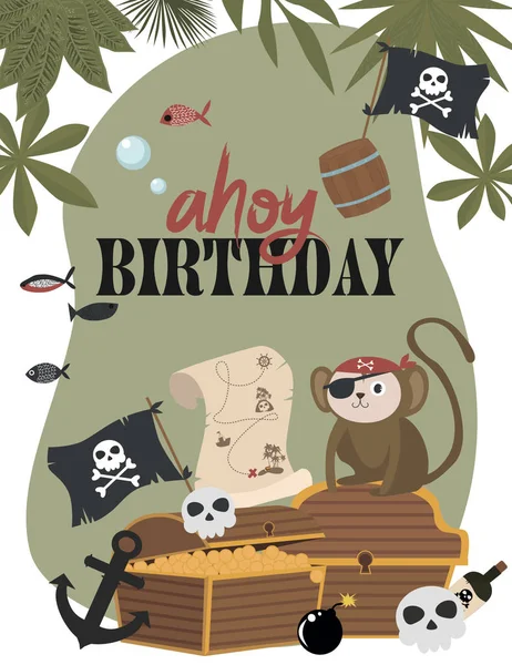 Carte Invitation Anniversaire Pirate Style Dessin Animé Illustration Vectorielle Modifiable — Image vectorielle