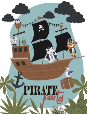 Korsan Doğum günü davetiyesi kart karikatür tarzı. Düzenlenebilir vektör çizim