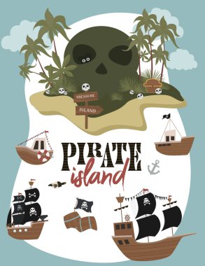 Korsan Doğum günü davetiyesi kart karikatür tarzı. Düzenlenebilir vektör çizim