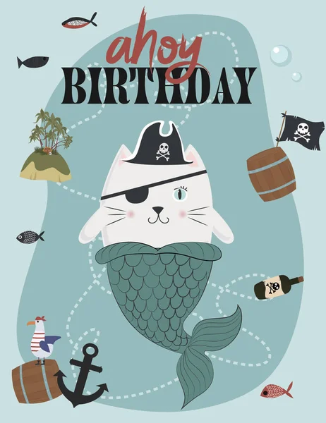 Cartão Convite Aniversário Pirata Estilo Cartoon Ilustração Vetorial Editável — Vetor de Stock