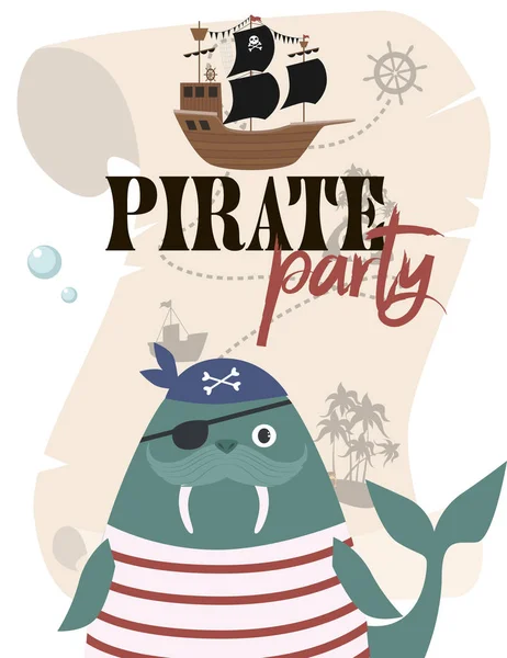 Tarjeta Invitación Cumpleaños Pirata Estilo Dibujos Animados Ilustración Vectorial Editable — Vector de stock