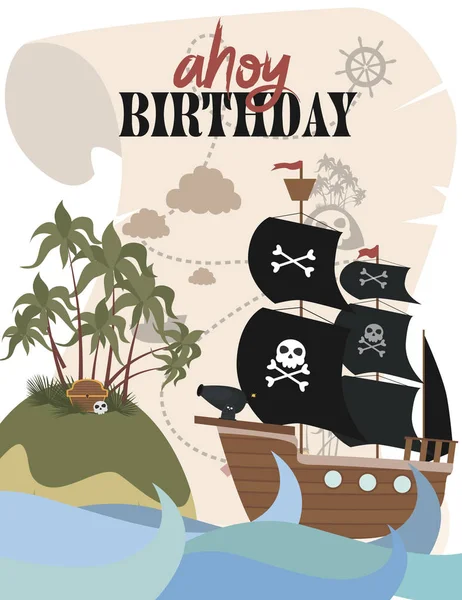 Cartão Convite Aniversário Pirata Estilo Cartoon Ilustração Vetorial Editável — Vetor de Stock