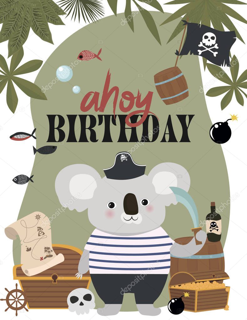 Pirate Birthday Invitation card in cartoon style. Editable vector illustration
