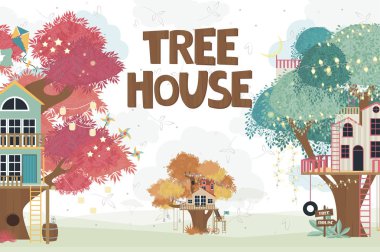 Ağaç evi çizgi film illüstrasyon. Düzenlenebilir vektör çizim