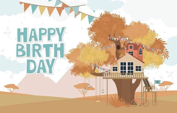 Happy Birthday Card Tree House Cartoon Illustration Editable Vector Illustration — Stock Vector