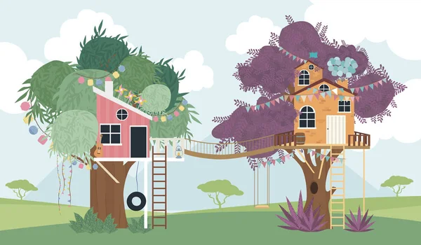 Tree House Tecknad Illustration Redigerbara Vektorillustration — Stock vektor