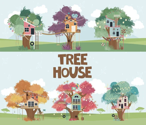 Ensemble Illustrations Dessins Animés Collection Tree Houses Illustration Vectorielle Modifiable — Image vectorielle