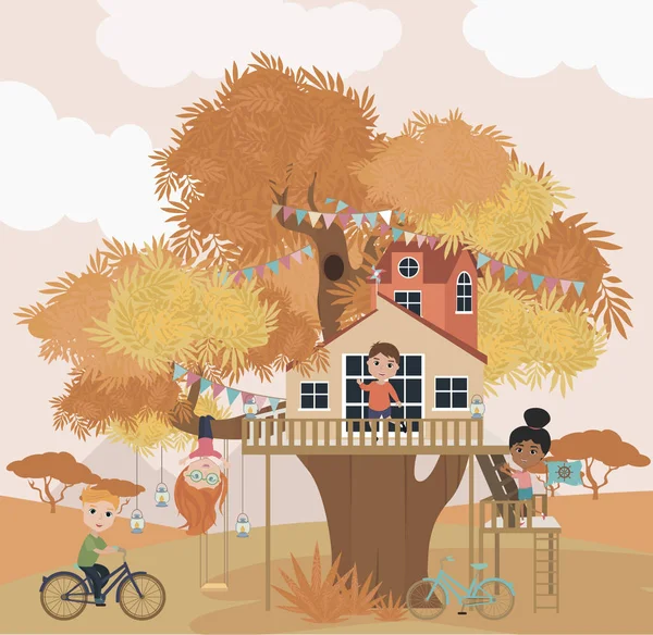 Tree House Tecknad Bild Med Barn Redigerbara Vektorillustration — Stock vektor