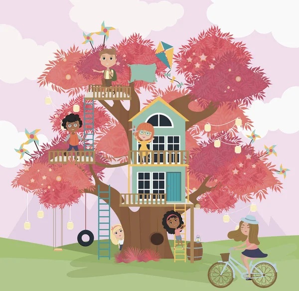 Casa Sull Albero Cartone Animato Illustrazione Con Bambini Illustrazione Del — Vettoriale Stock