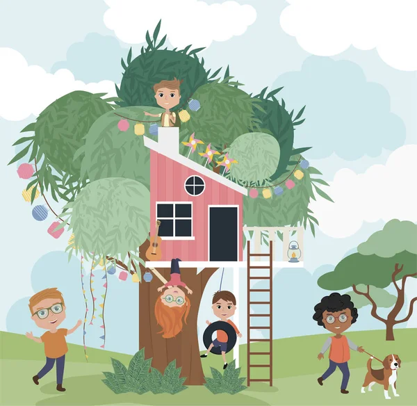 Tree House Tecknad Bild Med Barn Redigerbara Vektorillustration — Stock vektor