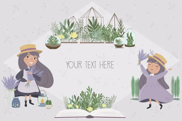 Bahçedeki kız güzel illüstrasyon poster. Provence illüstrasyon poster. Düzenlenebilir vektör çizim