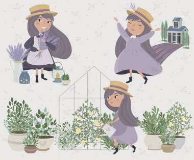 Bahçedeki kız güzel illüstrasyon poster. Provence illüstrasyon poster. Düzenlenebilir vektör çizim