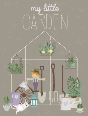 Bitkiler ve Bahçe aletleri ile güzel illüstrasyon poster. Düzenlenebilir vektör çizim