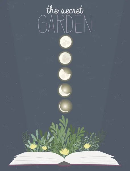 Lovely Poster Ilustração Com Lua Livro Floral Cartaz Secreto Jardim — Vetor de Stock