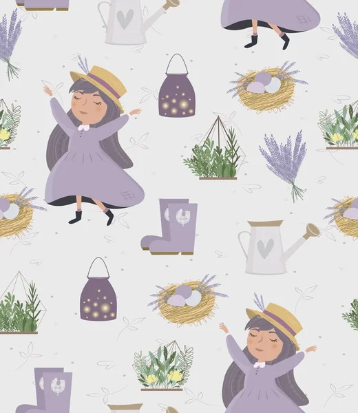 Mooie Naadloze Patroon Met Meisje Tuin Provence Afbeelding Achtergrond Bewerkbare — Stockvector