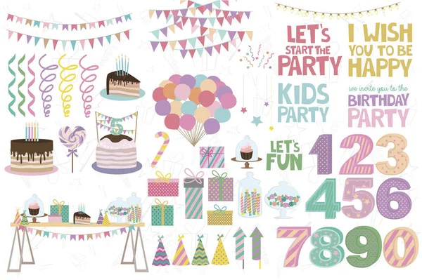 Set of attributes for kids party with decor, food and lettering phrases and numbers. Editable vector illustration