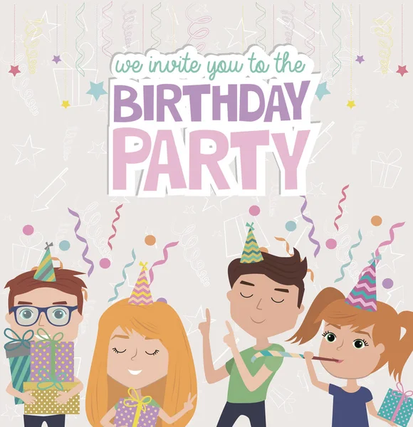 Postaci Kreskówek Dla Dzieci Party Plakat Zabawy Zaproszenie Lub Karty — Wektor stockowy