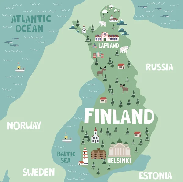 Peta Ilustrasi Finlandia Dengan Alam Hewan Dan Markah Tanah Ilustrasi - Stok Vektor