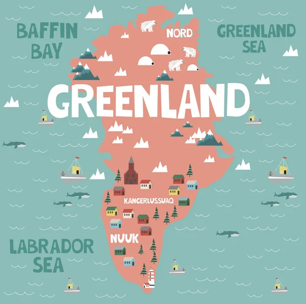 Mapa Ilustrativo Gronelândia Com Natureza Animais Marcos Ilustração Vetorial Editável — Vetor de Stock