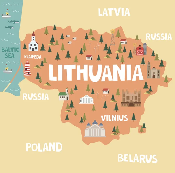 Mapa Ilustrativo Lituânia Com Natureza Animais Marcos Ilustração Vetorial Editável —  Vetores de Stock