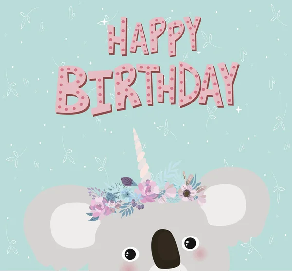 Buon Compleanno Con Divertente Koala Unicorno Illustrazione Del Vettore Modificabile — Vettoriale Stock