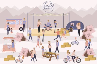 Indie Festivali Afiş, insanlar ile birbirlerine, eğlence ve dans konuşurken fotoğrafta bir bisiklet yemekler, satın alma, performans, karikatür düz tasarım dikkat et. Düzenlenebilir vektör çizim