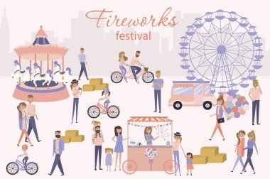 Fireworks festival poster with people walking between attractions or caterers, buying meals, ride a bike, taking photo, talking to each other, cartoon flat design. Editable vector illustration clipart