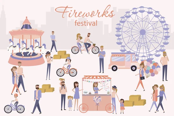 Cartel Del Festival Fuegos Artificiales Con Gente Caminando Entre Atracciones — Archivo Imágenes Vectoriales