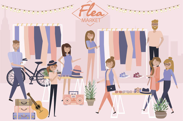 Flea market poster with people selling and shopping at walking street, vintage clothes and accessories shop, cartoon flat design. Editable vector illustration