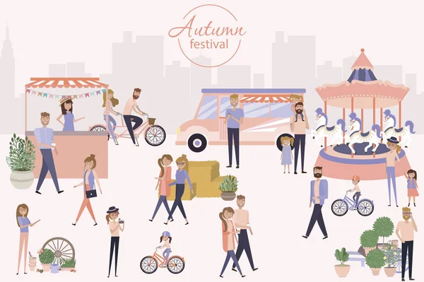 Autumn Festival Poster People Walking Attractions Caterers Buying Meals Ride — Stock Vector