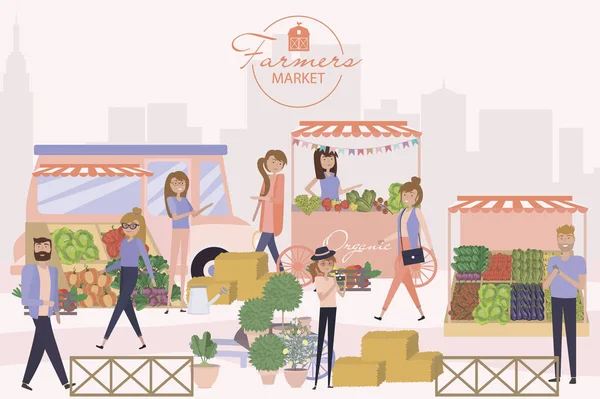 Affiche Marché Fermiers Avec Des Personnes Vendant Faisant Shopping Dans — Image vectorielle