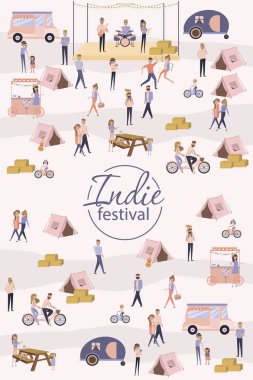 Indie Festivali Afiş, insanlar ile birbirlerine, eğlence ve dans konuşurken fotoğrafta bir bisiklet yemekler, satın alma, performans, karikatür düz tasarım dikkat et. Düzenlenebilir vektör çizim