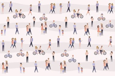 Poster, insanlar ile fotoğrafta, birbirinizle cartoon düz tasarım konuşmak bir bisiklet binmek yemek, satın alma. Düzenlenebilir vektör çizim