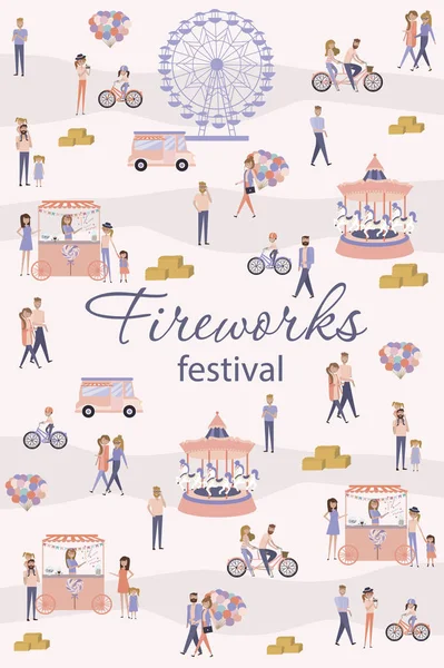 Fireworks Festival Poster People Walking Attractions Caterers Buying Meals Ride — Stock Vector