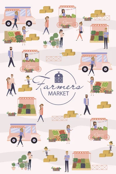 農夫の市場ポスター販売やウォーキング ストリート 有機果物や野菜 漫画フラットなデザインでショッピングの人々 編集可能なベクトル図 — ストックベクタ