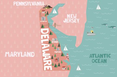 Illustrated map of the state of Delaware in United States with cities and landmarks. Editable vector illustration clipart