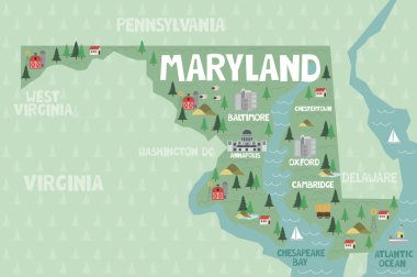 Illustrated map of the state of Maryland in United States with cities and landmarks. Editable vector illustration clipart