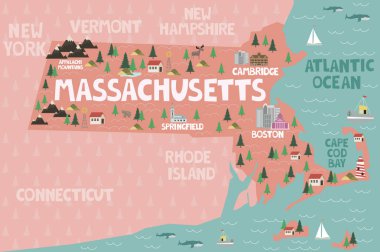 Illustrated map of the state of Massachusetts in United States with cities and landmarks. Editable vector illustration clipart